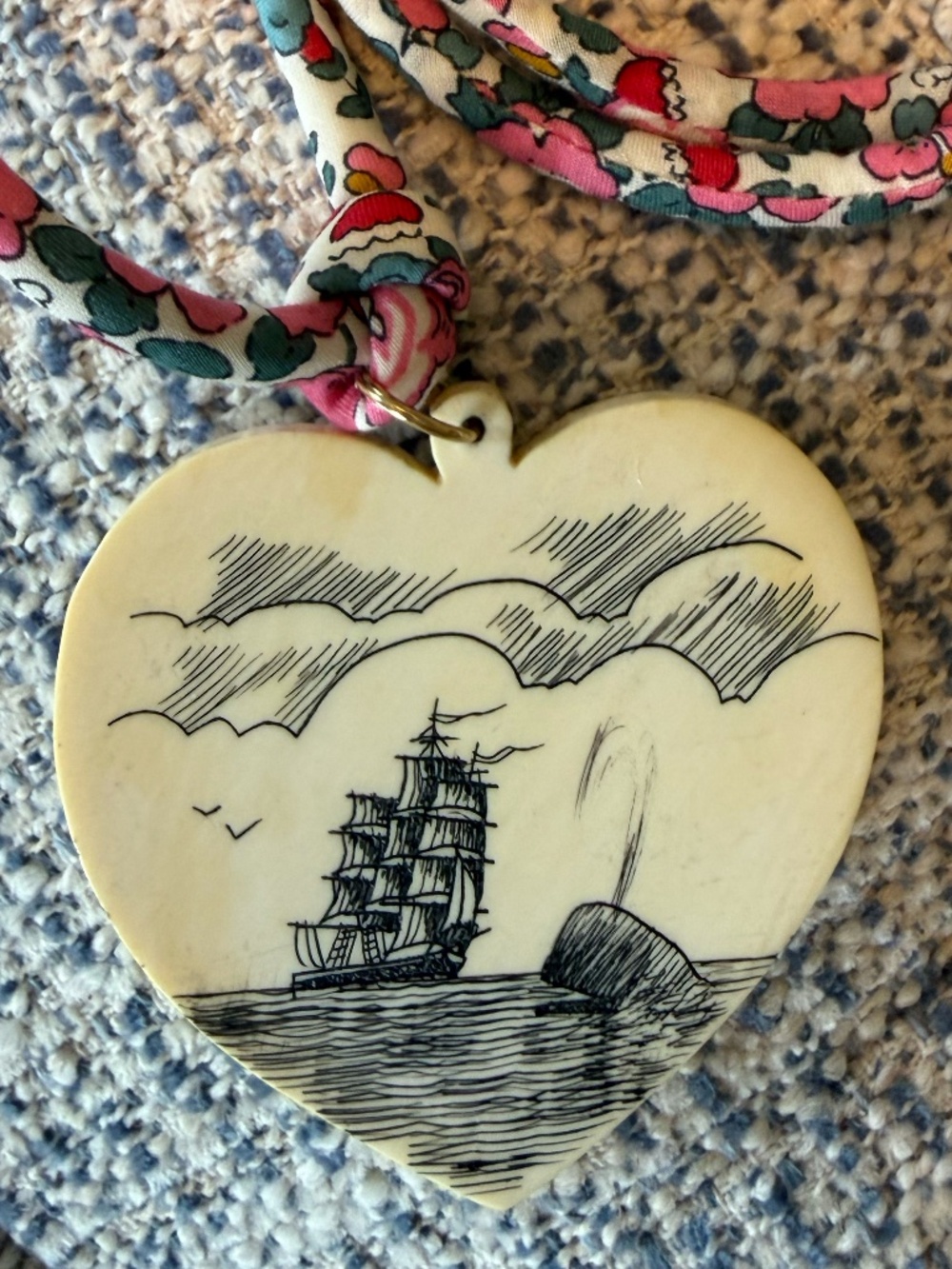 Large Vintage Scrimshaw Heart Pendant